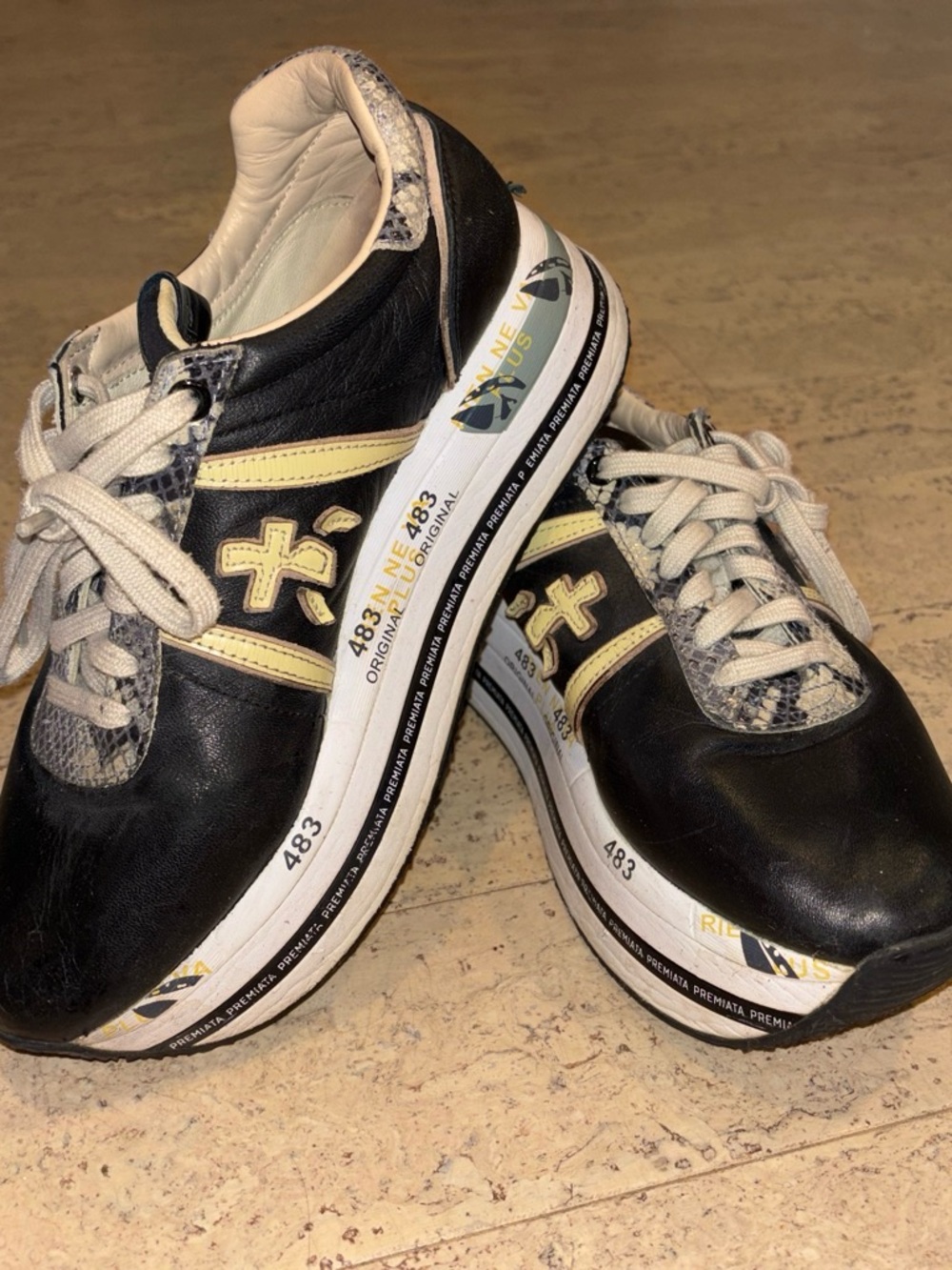 Premiata Black and Cream Platform Sneakers